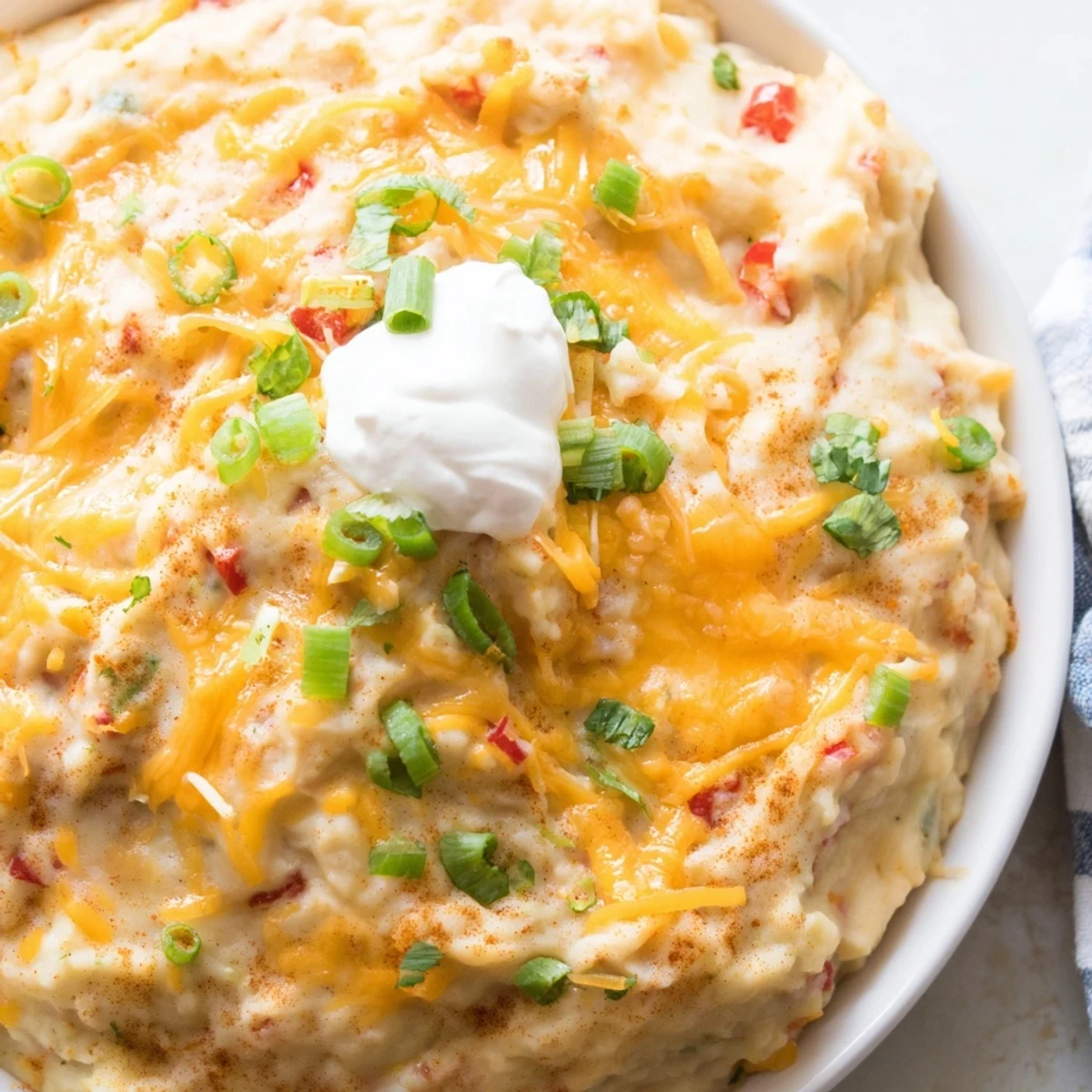Creamy Tex Mex mashed potatoes topped with melted cheddar and fresh cilantro