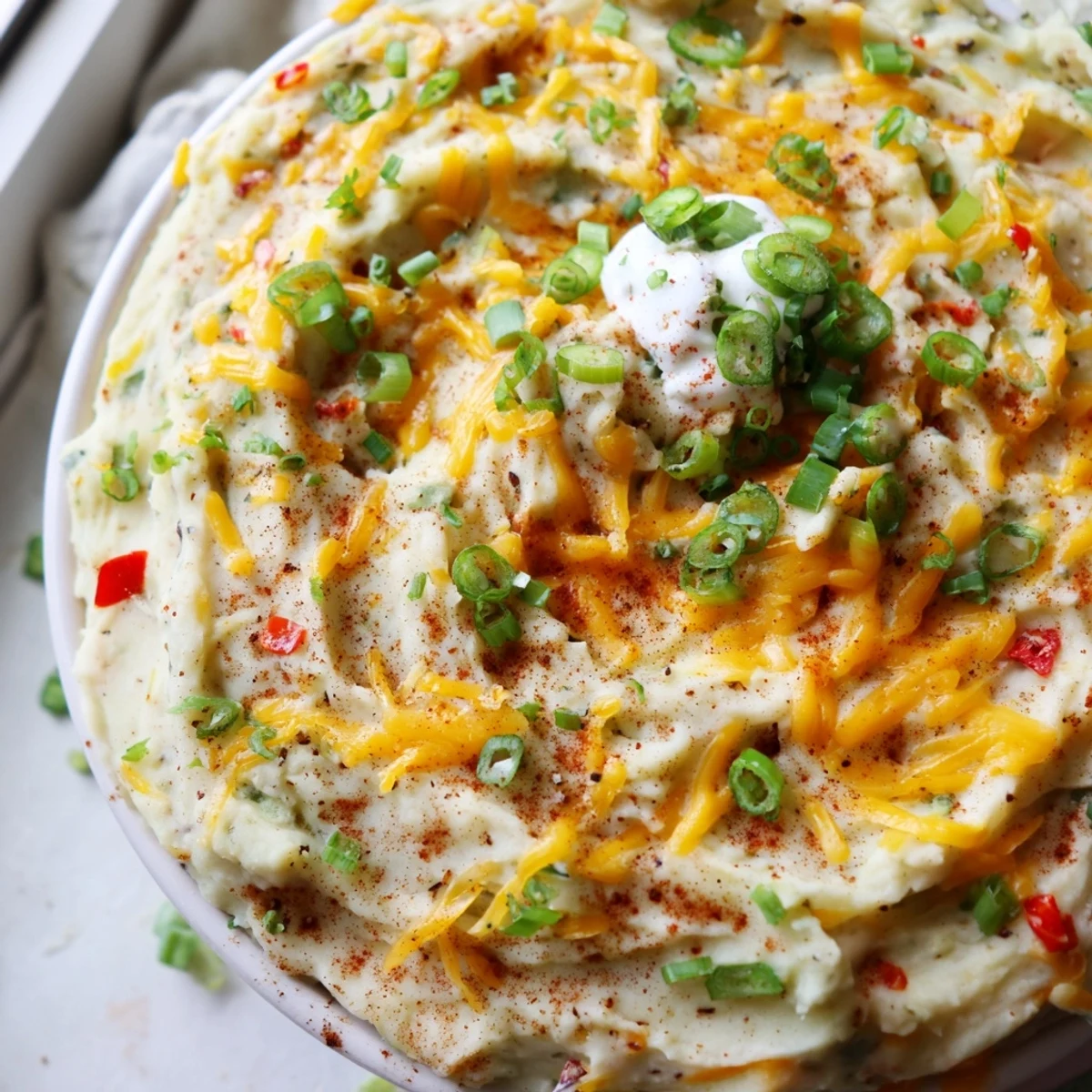 Steaming bowl of Tex Mex mashed potatoes with diced bell peppers and green onions