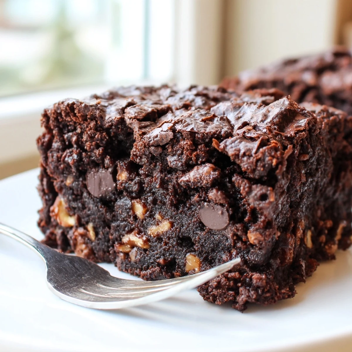 Rich fudgy brownies with a shiny crackly crust cut into generous squares