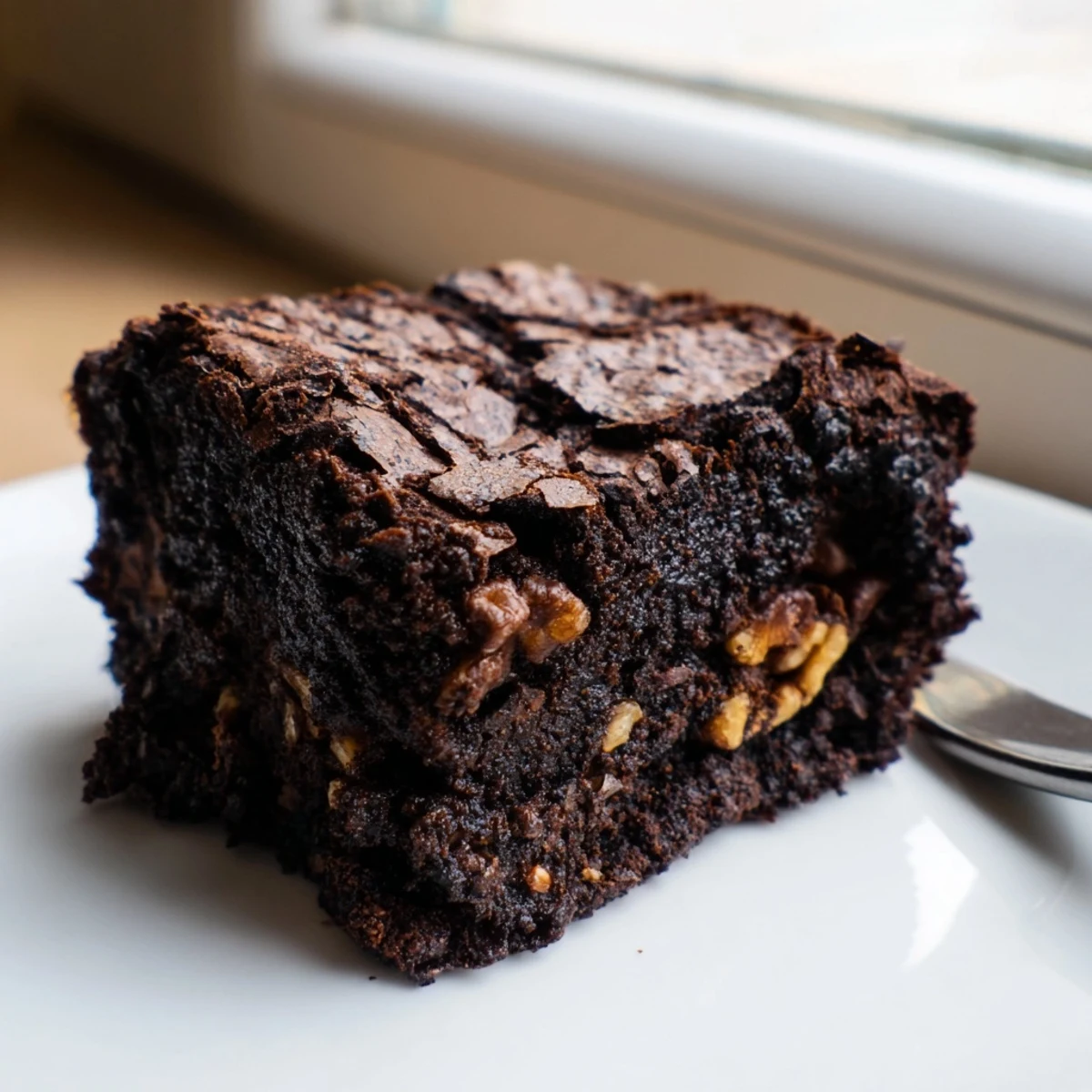 Warm brownie squares served on a rustic plate with flaky edges