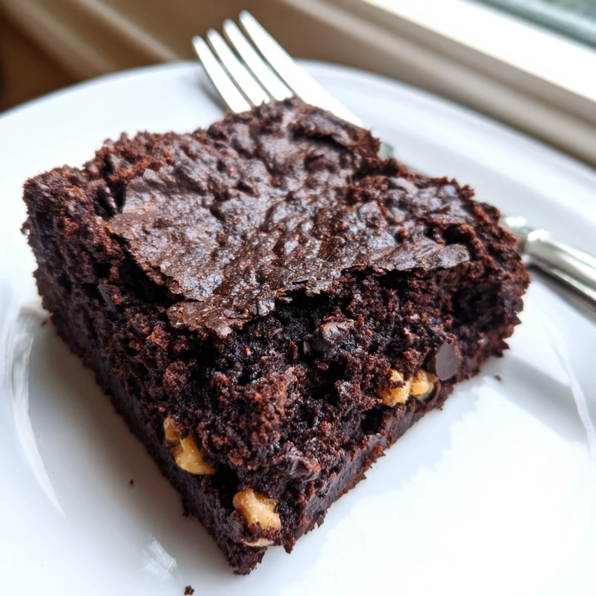 Decadent chocolate brownie slab with dense fudgy center and crisp golden edges