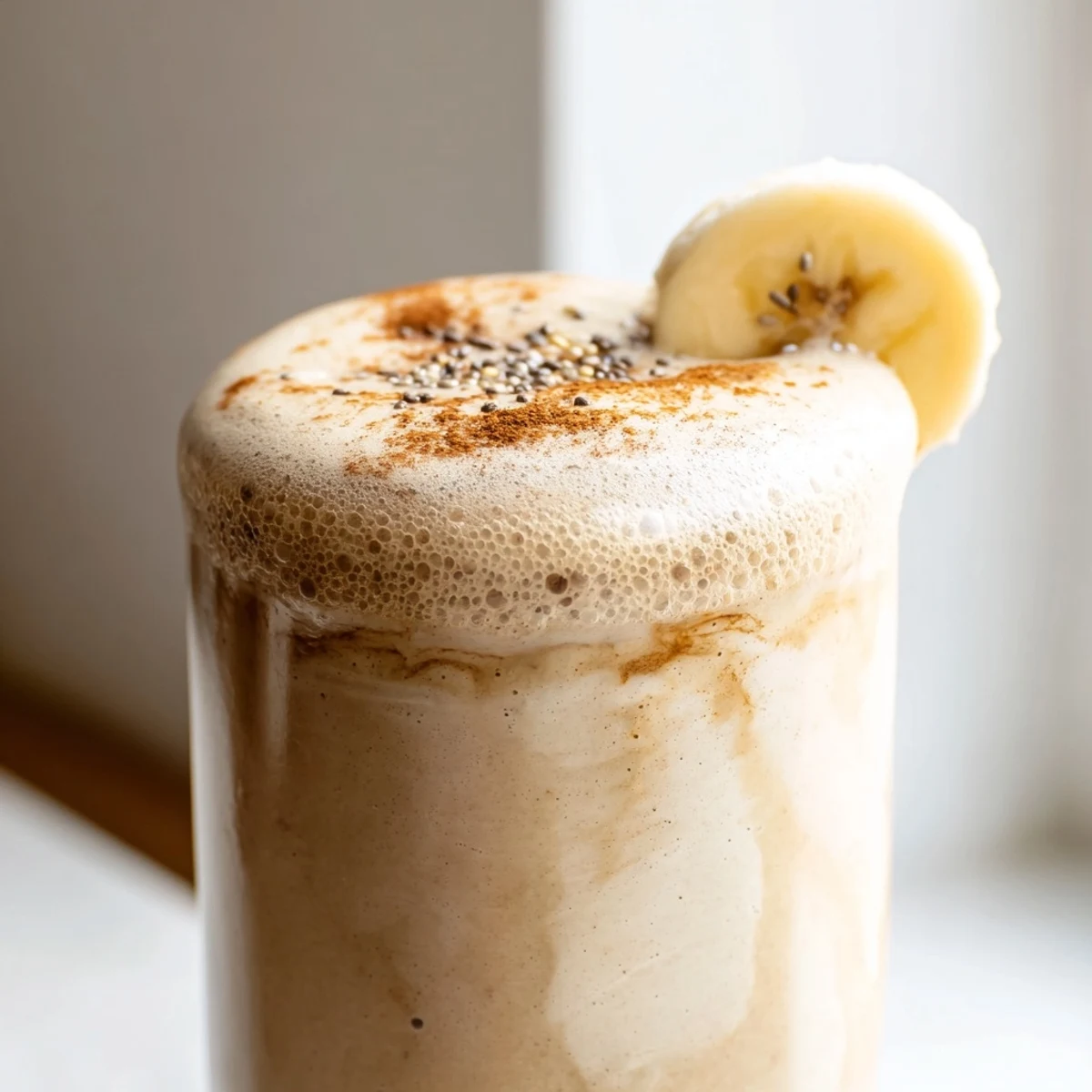 Creamy banana protein coffee smoothie poured into a glass with a ripe banana nearby on a rustic wooden countertop