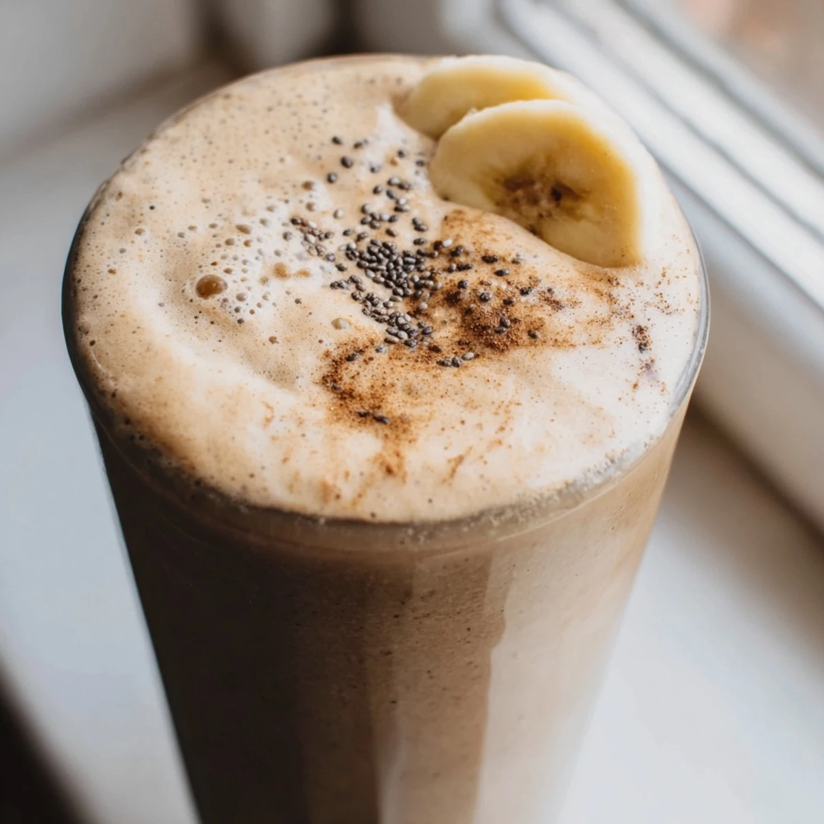 Chilled banana protein coffee smoothie blended to silky perfection served fresh in a mason jar with a striped straw