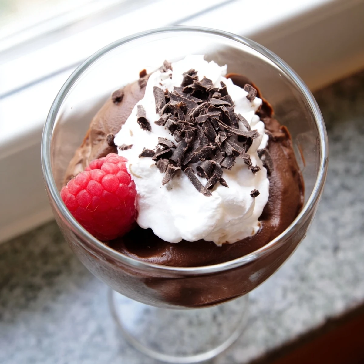 Silky chocolate mousse served in elegant glasses topped with whipped cream