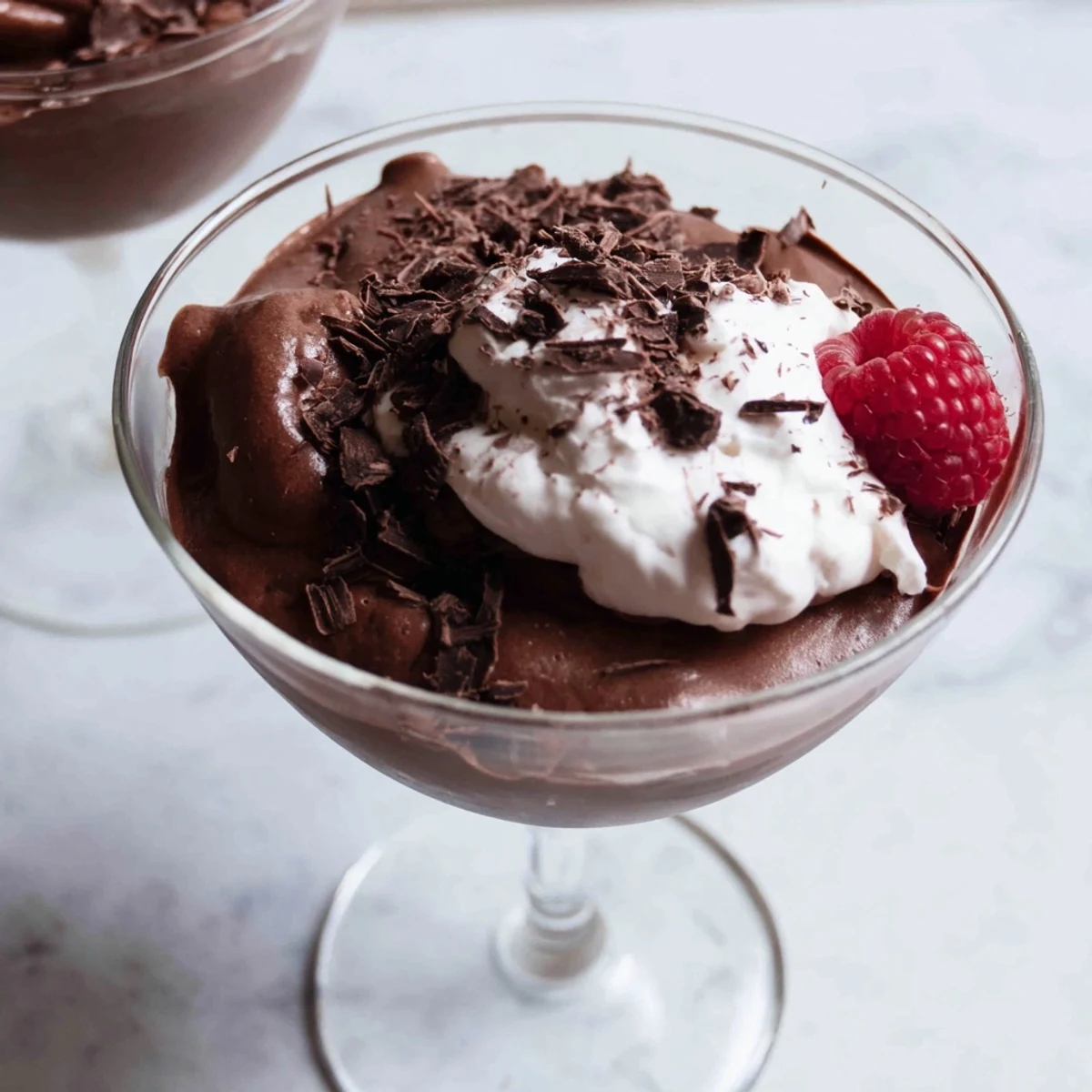 Rich and airy chocolate mousse garnished with dark chocolate shavings and berries