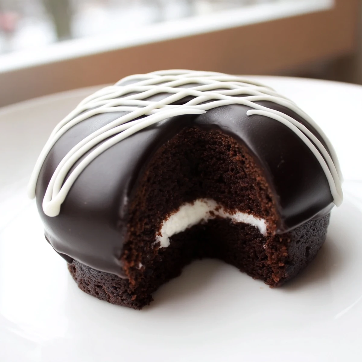 Moist Homemade Hostess Cupcakes topped with shiny ganache and iconic white icing swirl