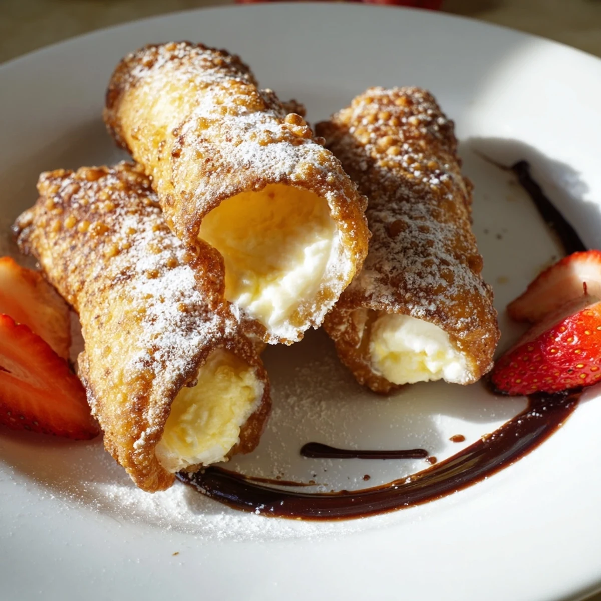 Crispy cheesecake egg rolls drizzled with chocolate sauce and topped with fresh berries