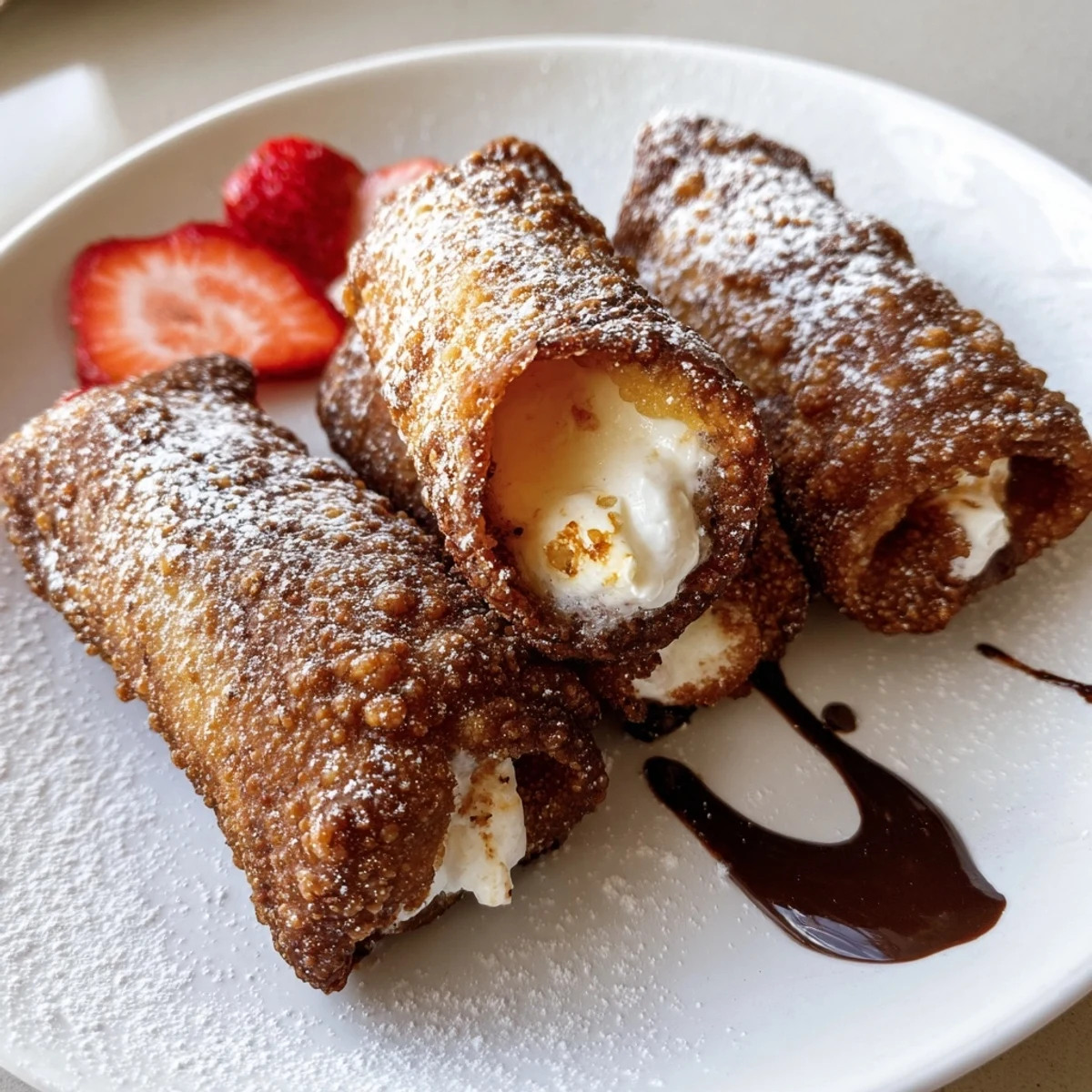 Golden crispy cheesecake egg rolls dusted with powdered sugar on a rustic plate