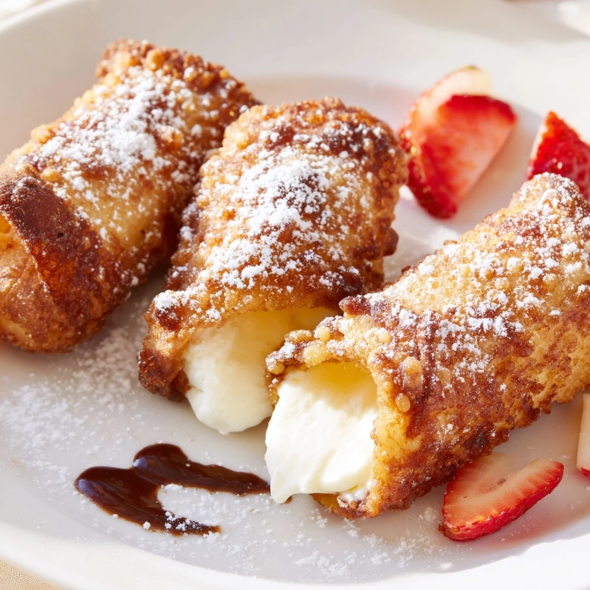 Warm cheesecake egg rolls served with strawberry compote in a white dipping bowl