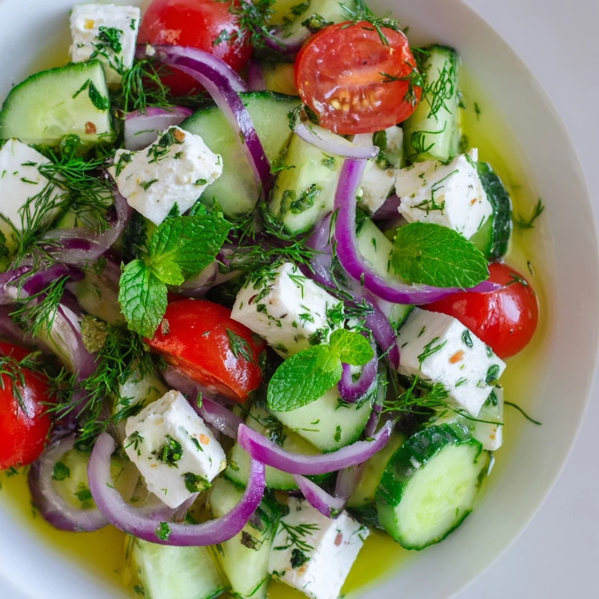 Crumbled feta crowns crisp cucumbers and bright cherry tomatoes in this refreshing feta cucumber herb salad served in a rustic bowl