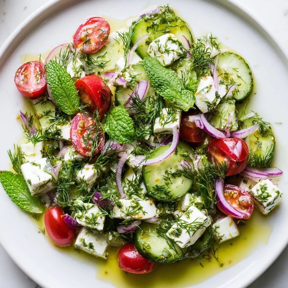 Creamy feta tumbles over sliced cucumbers and fragrant fresh dill in a vibrant Mediterranean feta cucumber herb salad