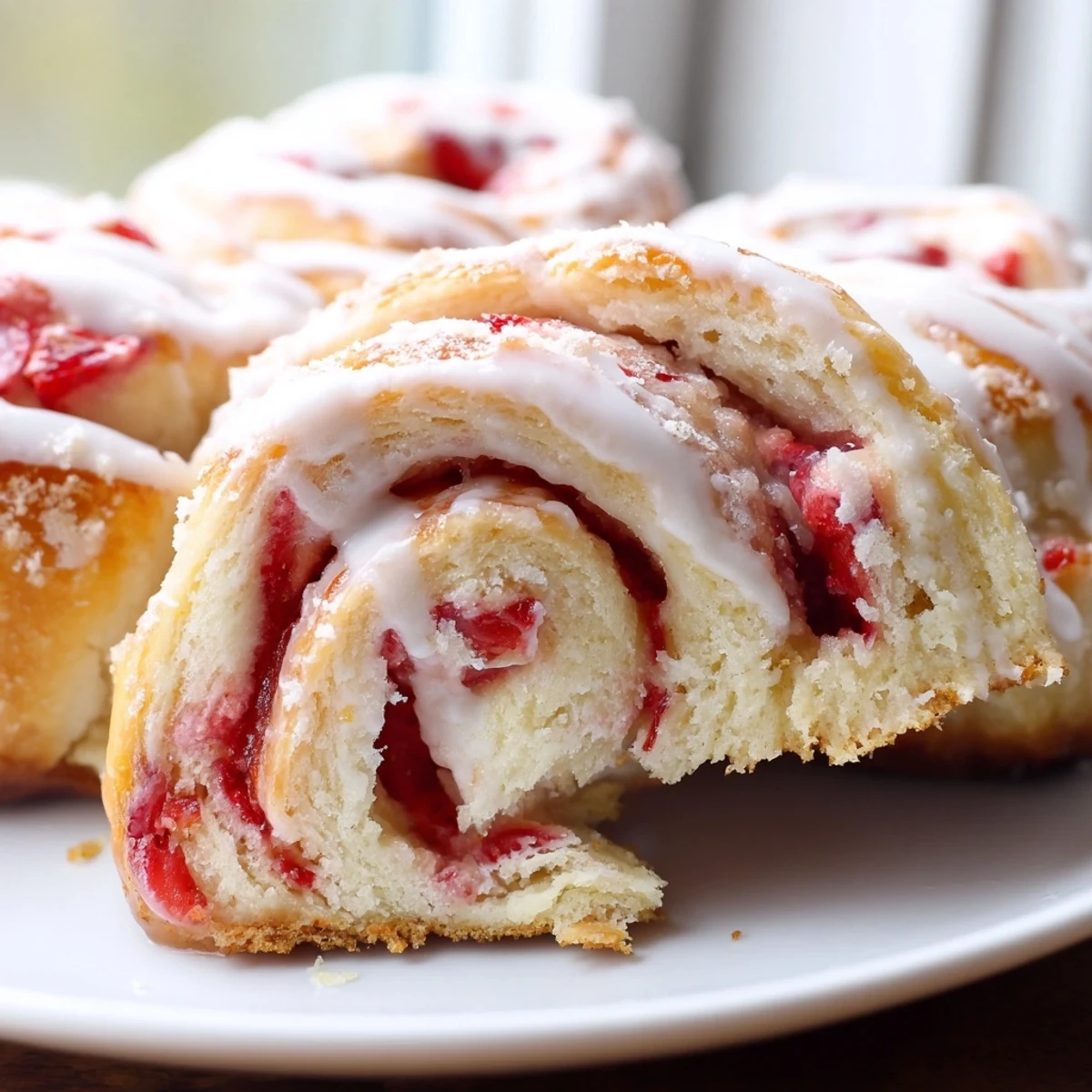 Freshly baked strawberry cheesecake rolls drizzled with sweet vanilla glaze on a rustic plate