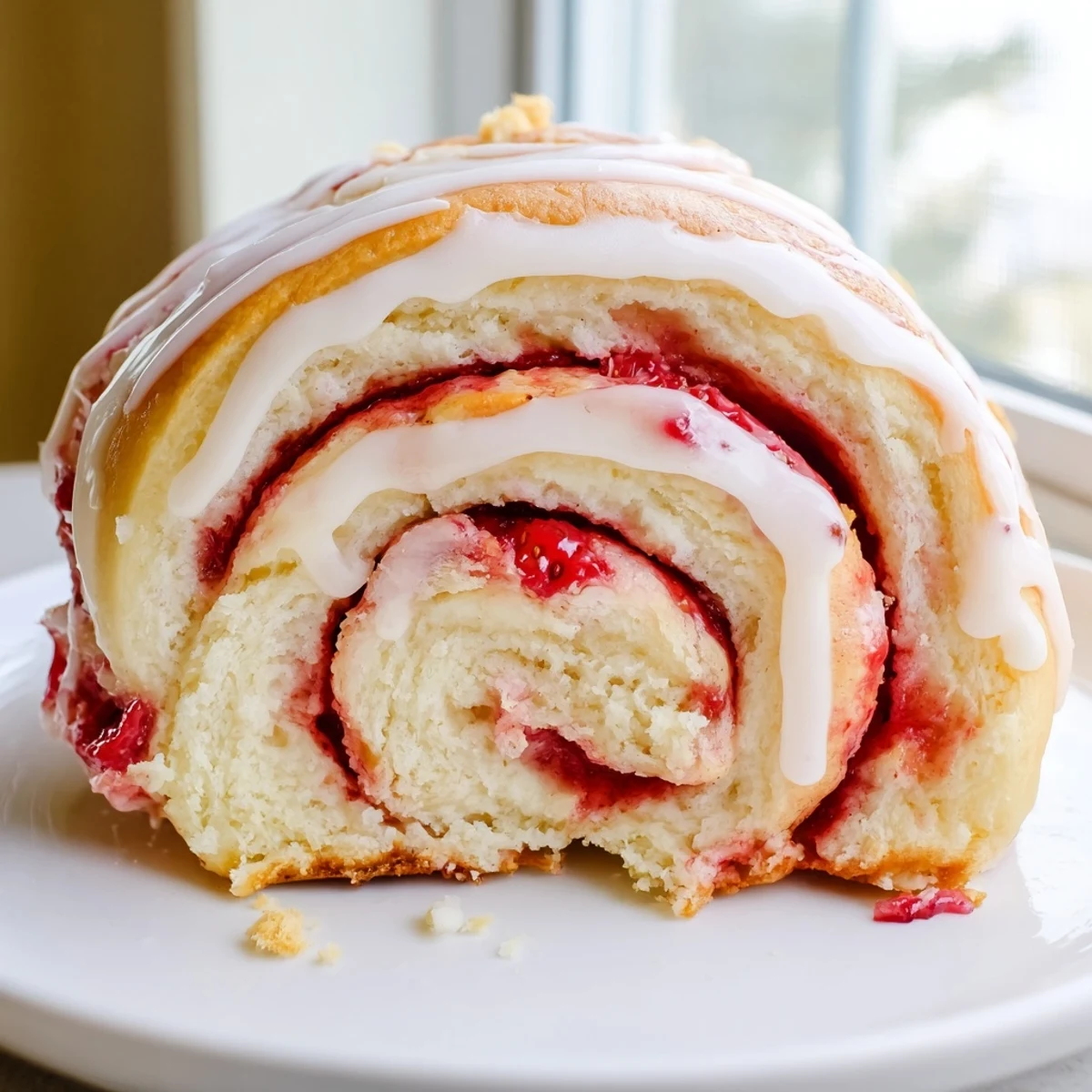 Soft golden strawberry cheesecake rolls swirled with creamy filling and bright red berries