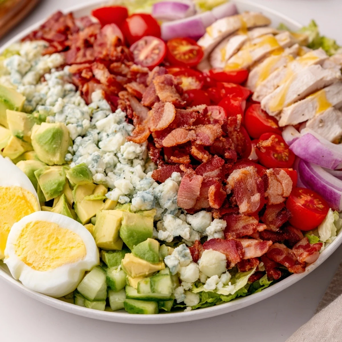 Hearty Cobb salad recipe featuring boiled eggs, crumbled blue cheese, and bright cherry tomatoes in a rustic serving bowl.