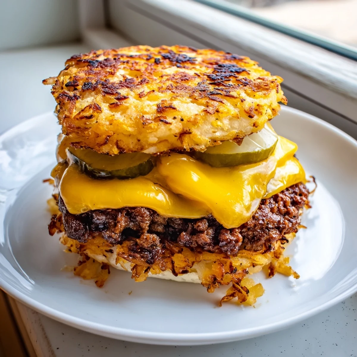 Crispy Hash Brown Smash Burgers stacked with melted cheddar and golden potato patties on toasted buns