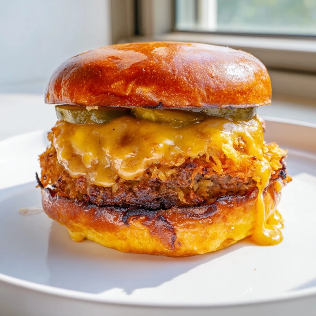 Juicy Crispy Hash Brown Smash Burgers featuring crunchy hash browns, melty cheese, and fresh toppings