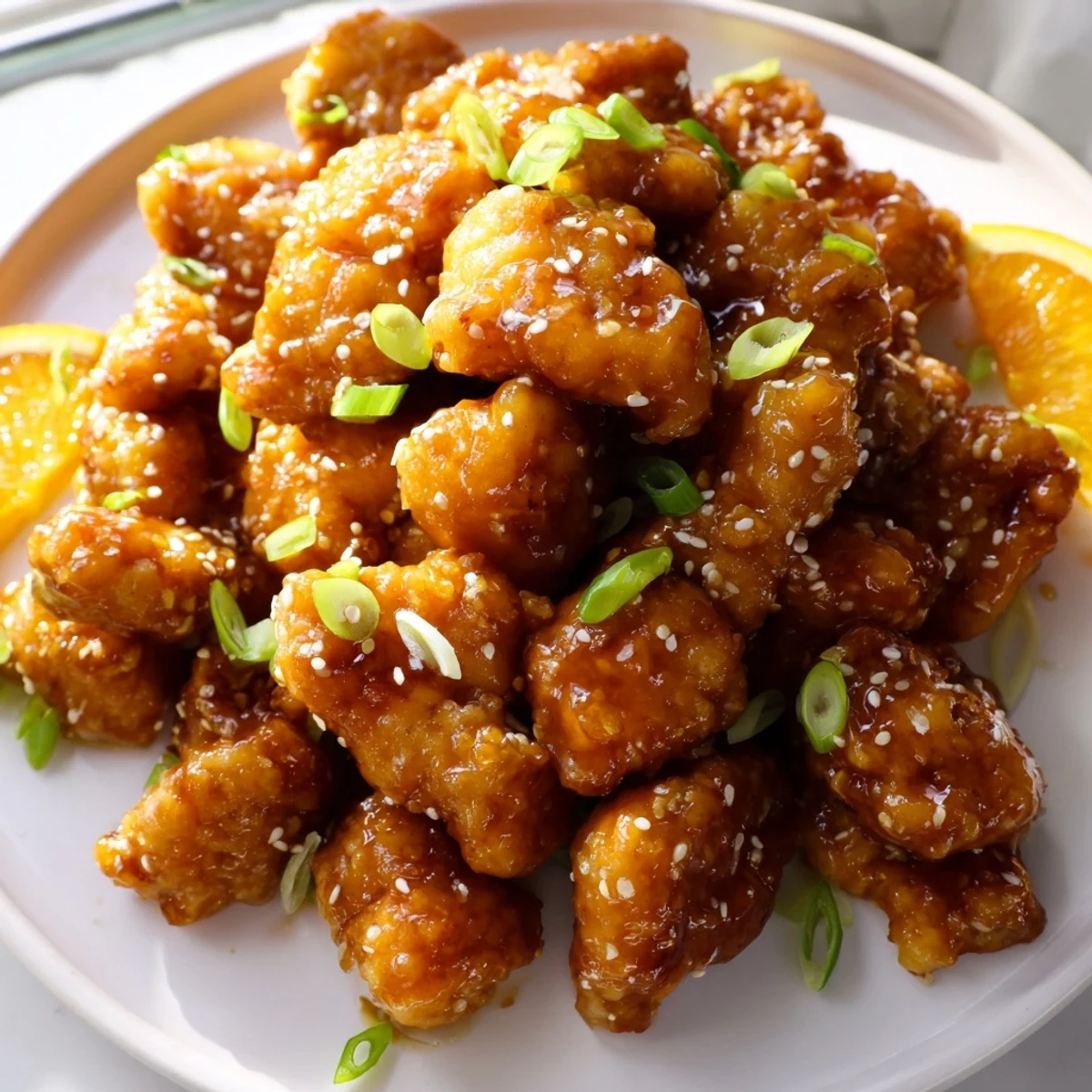 Golden baked orange chicken pieces caramelized with tangy citrus sauce and sesame seeds