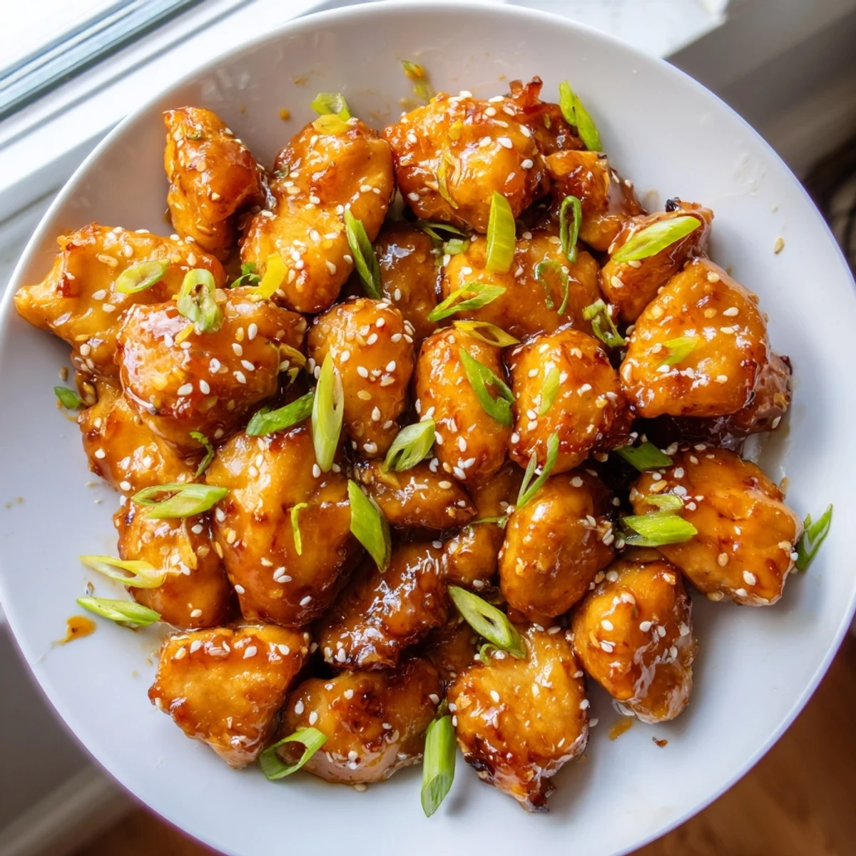 Glossy baked orange chicken glazed in sticky sauce over fluffy steamed white rice