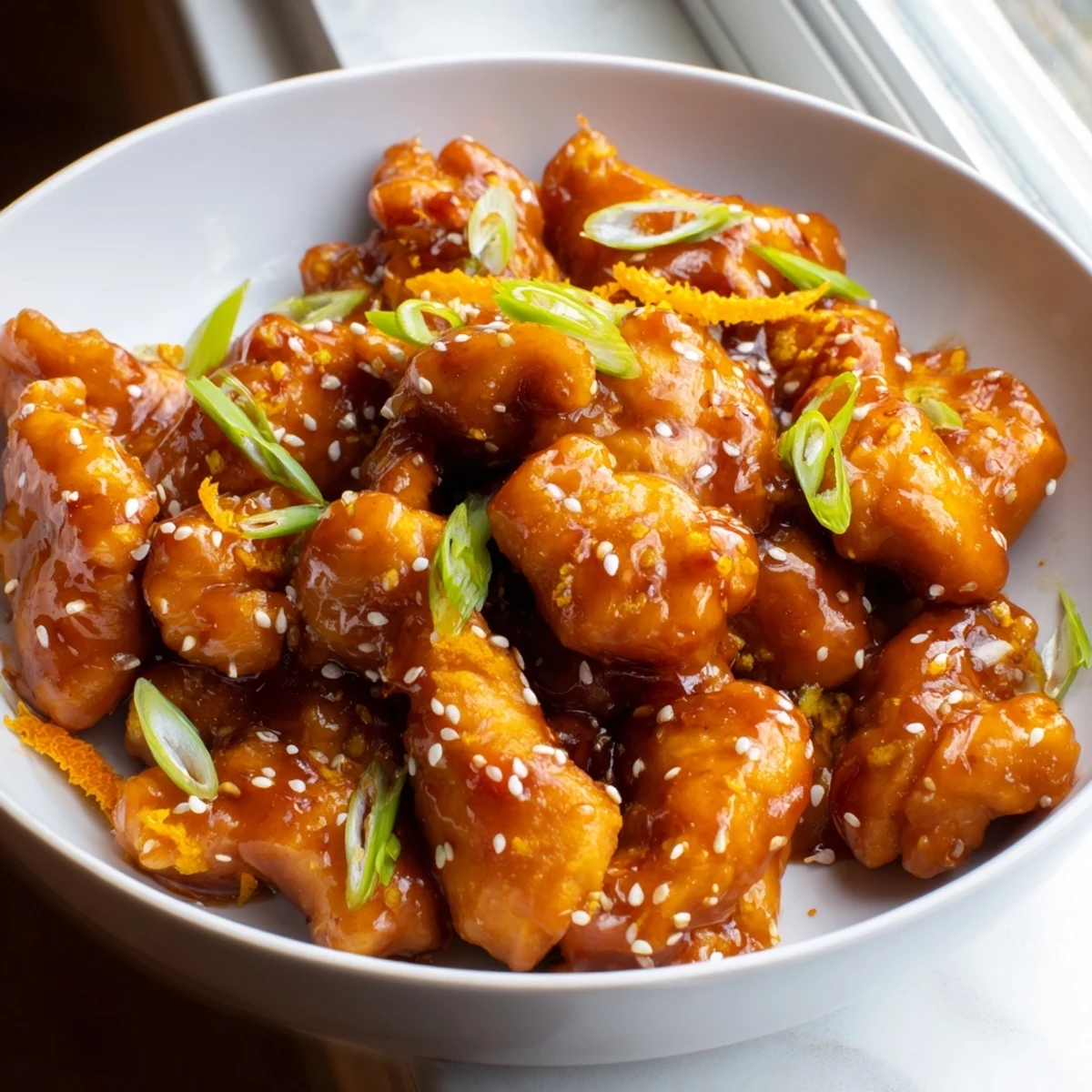 Crispy baked orange chicken drizzled with sweet orange glaze garnished with green onions