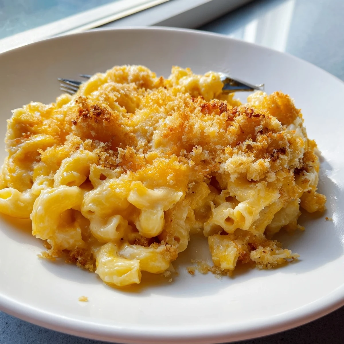 Creamy macaroni cheese with golden breadcrumb topping served in a rustic baking dish