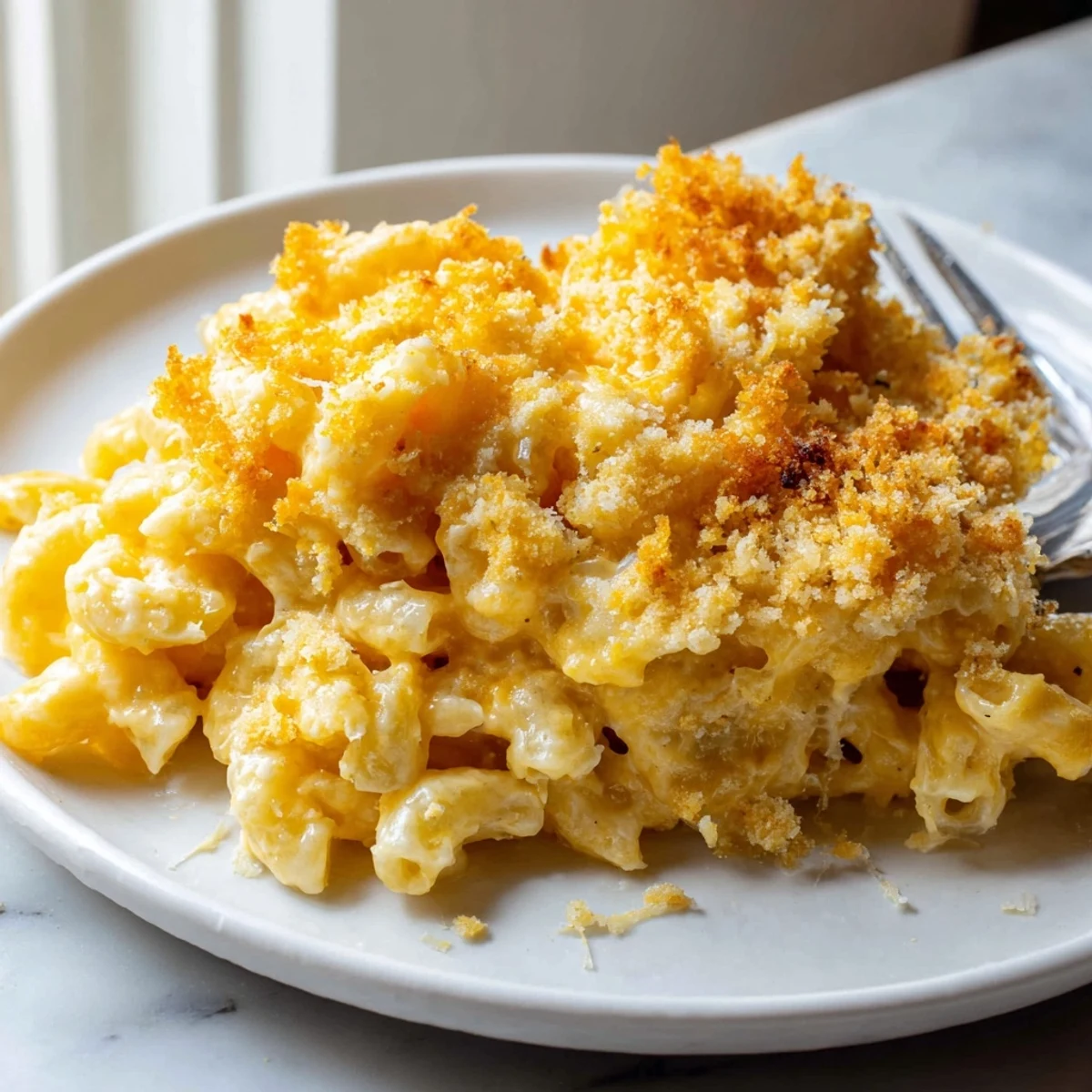 Baked macaroni cheese bubbling with melted cheddar and Gruyère in a comforting casserole