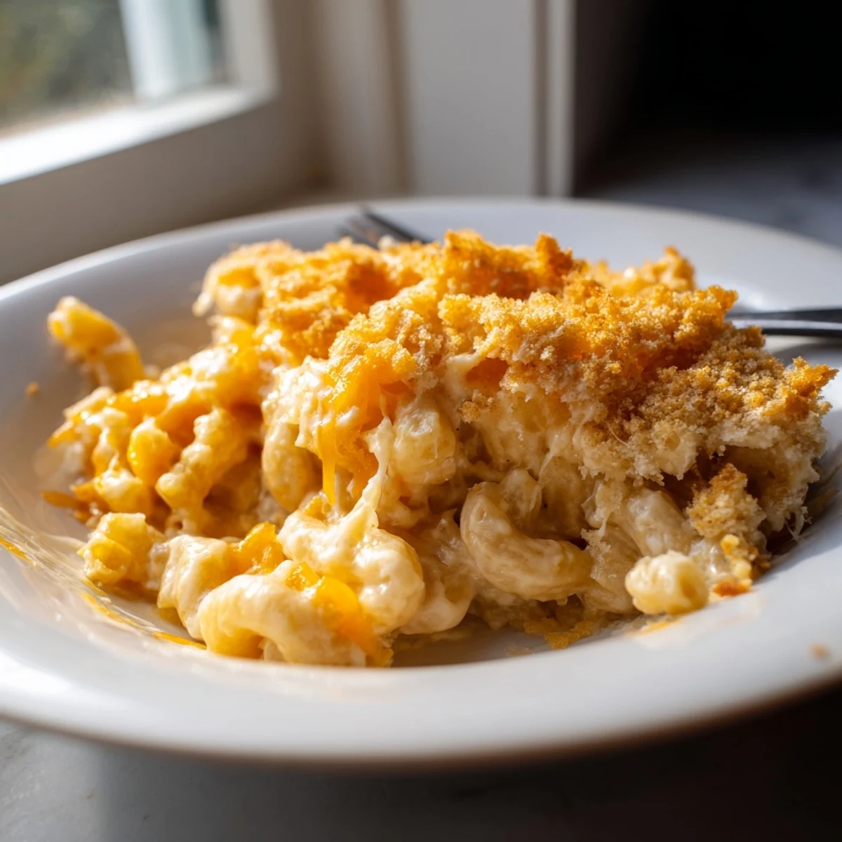 Steaming spoonful of rich macaroni cheese pulled fresh from the oven with stretchy cheese