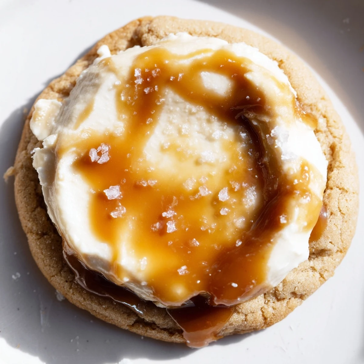 Soft caramel cheesecake cookies with golden caramel drizzle on a rustic baking sheet