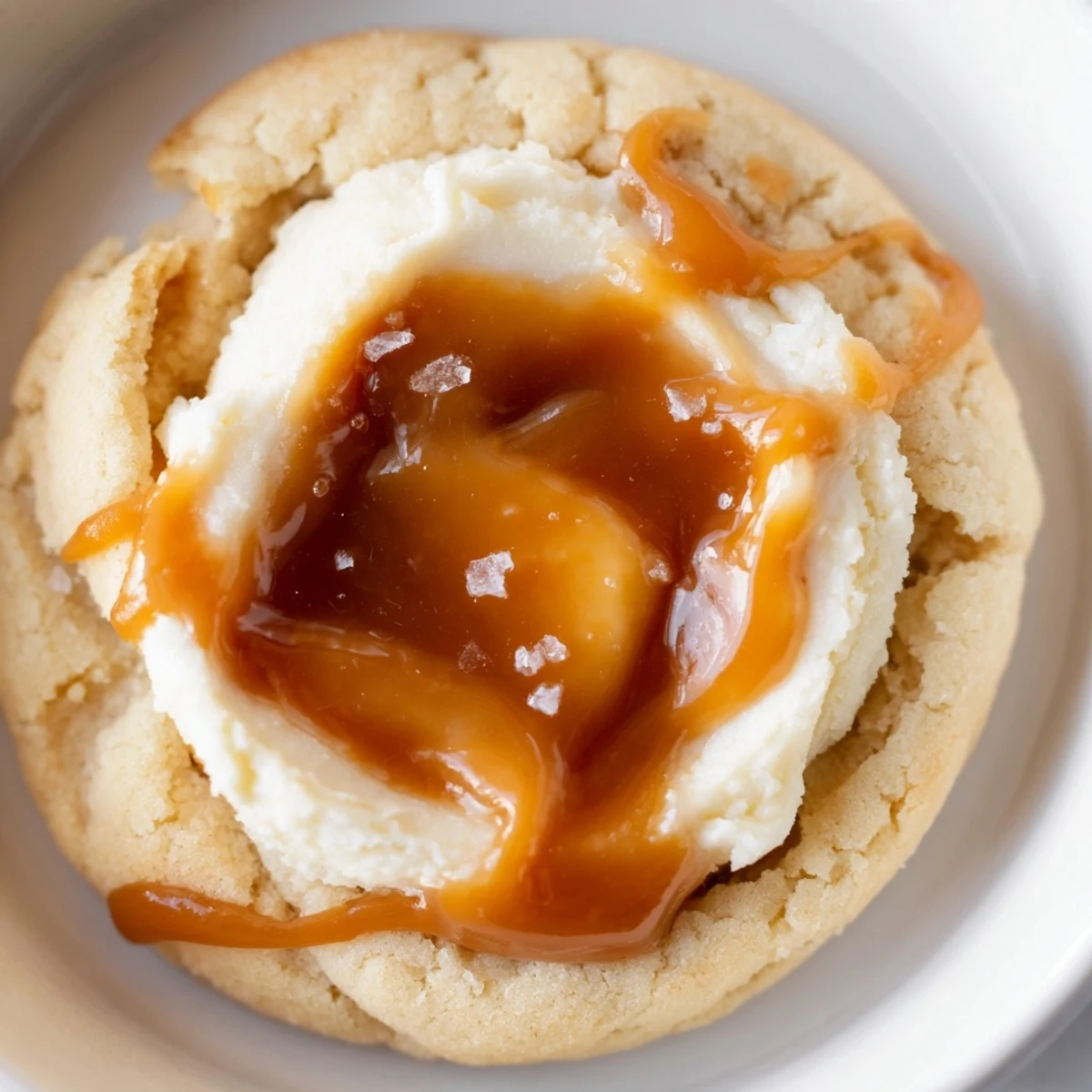 Golden brown caramel cheesecake cookies with gooey caramel pooling in each center