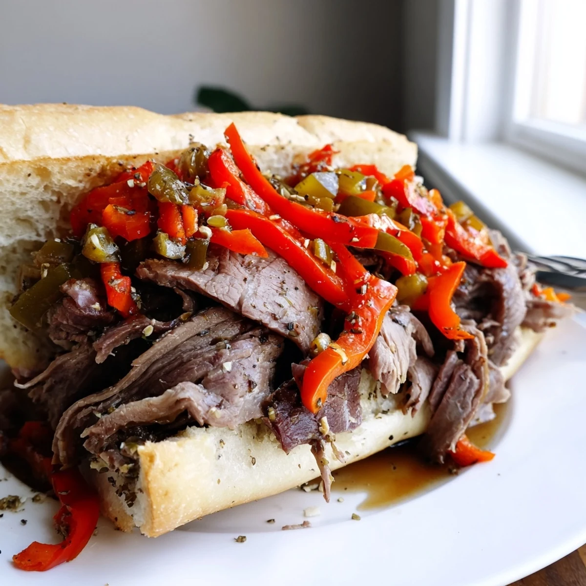Juicy Chicago Style Italian Beef piled high on a crusty roll with tangy giardiniera and savory au jus