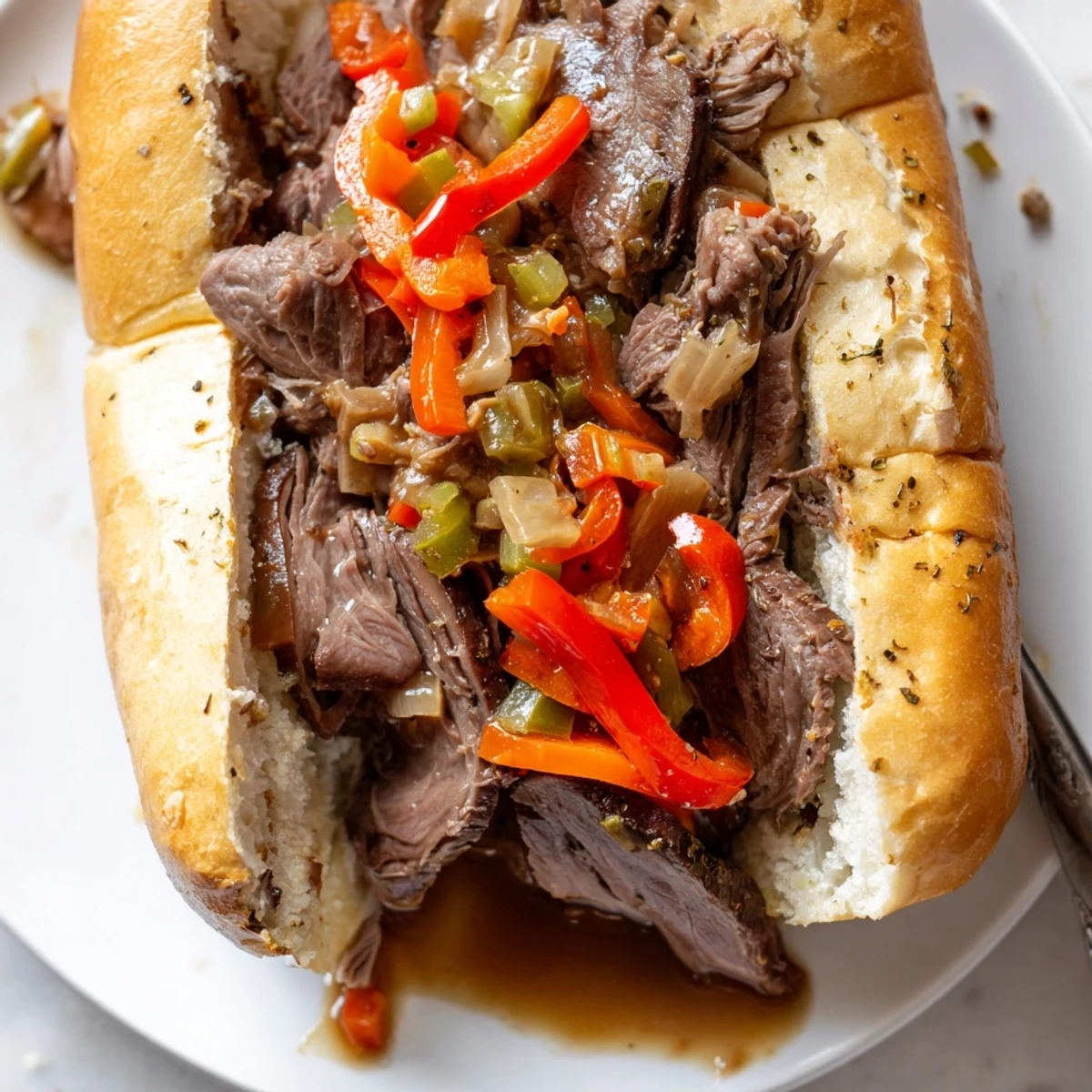 Tender sliced roast beef soaking in rich broth for a classic Chicago Style Italian Beef sandwich