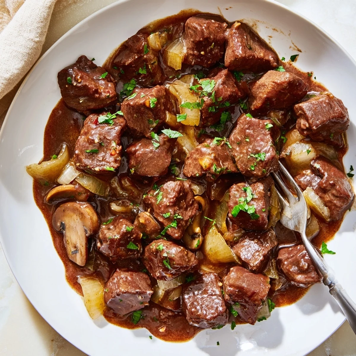 Tender weeknight steak tips and gravy served over creamy mashed potatoes