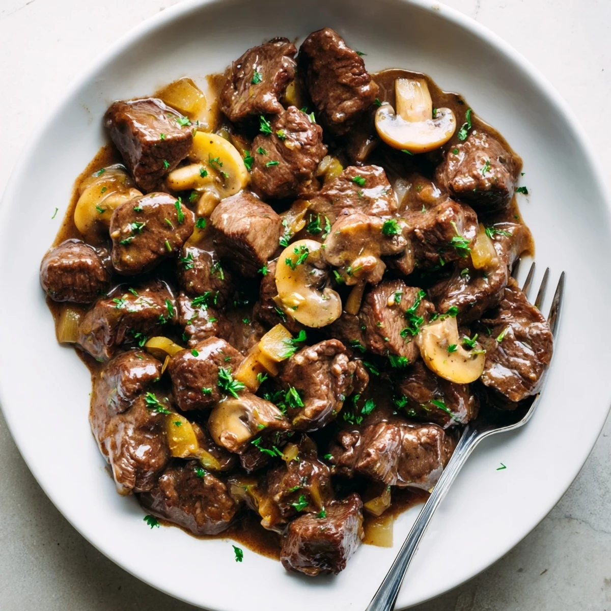 Juicy beef pieces in rich brown gravy, a classic American comfort dinner