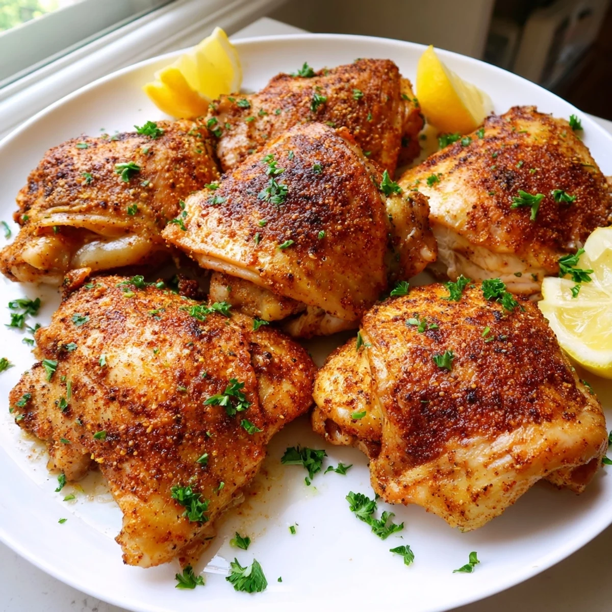 Crispy golden Old Bay chicken thighs roasted on a parchment-lined baking sheet with parsley garnish