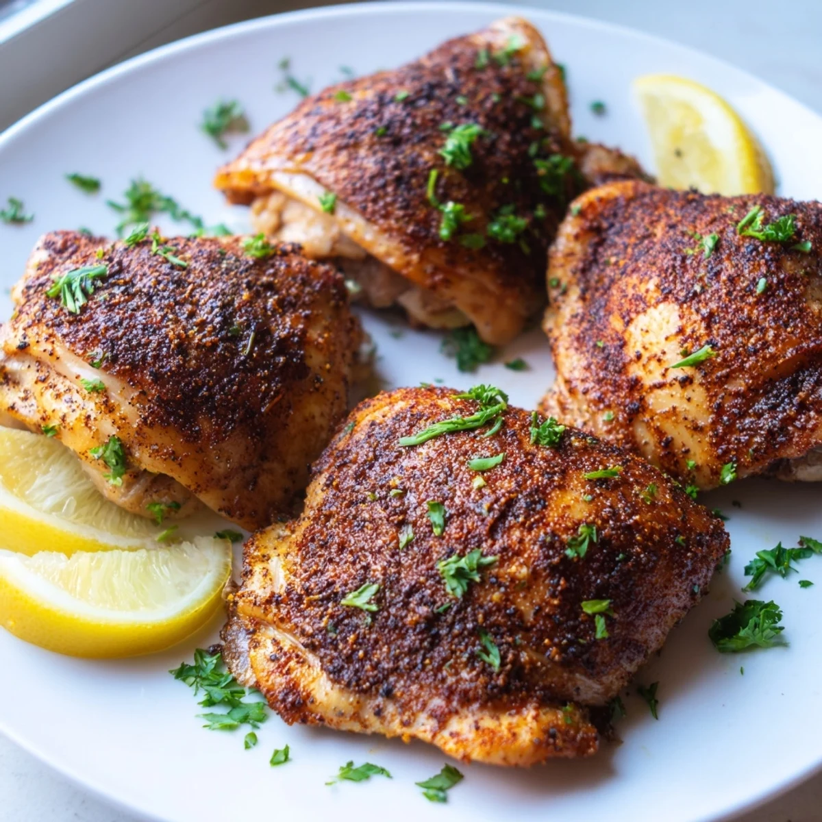 Juicy Old Bay chicken thighs with spice-crusted skin served alongside fresh lemon wedges