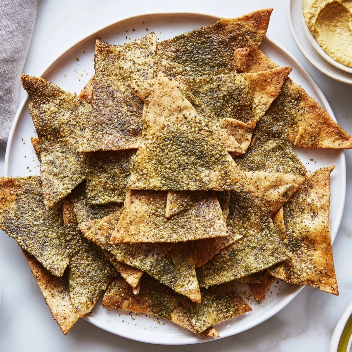 Warm zaatar pita chips arranged around a creamy bowl of hummus