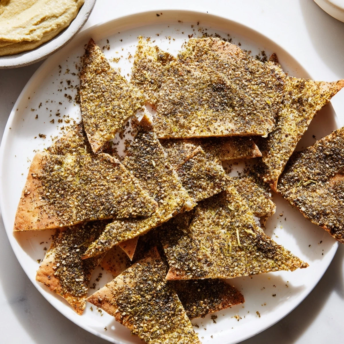 Golden crispy zaatar pita chips sprinkled with herbs on a rustic baking sheet