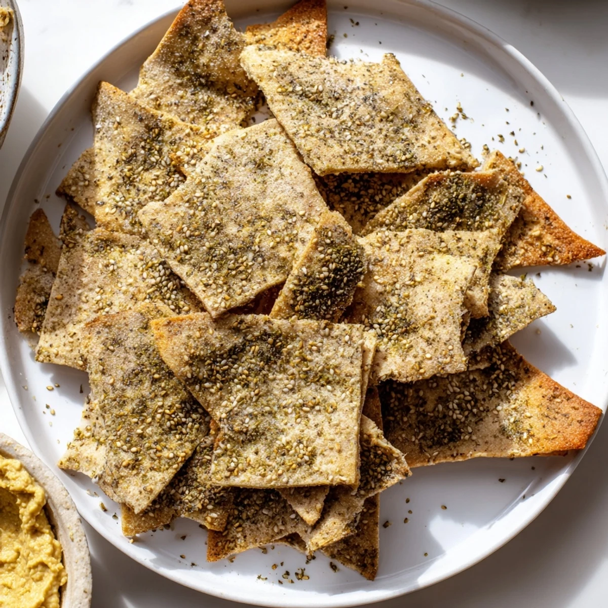 Crunchy baked zaatar pita chips seasoned with olive oil and fragrant spices