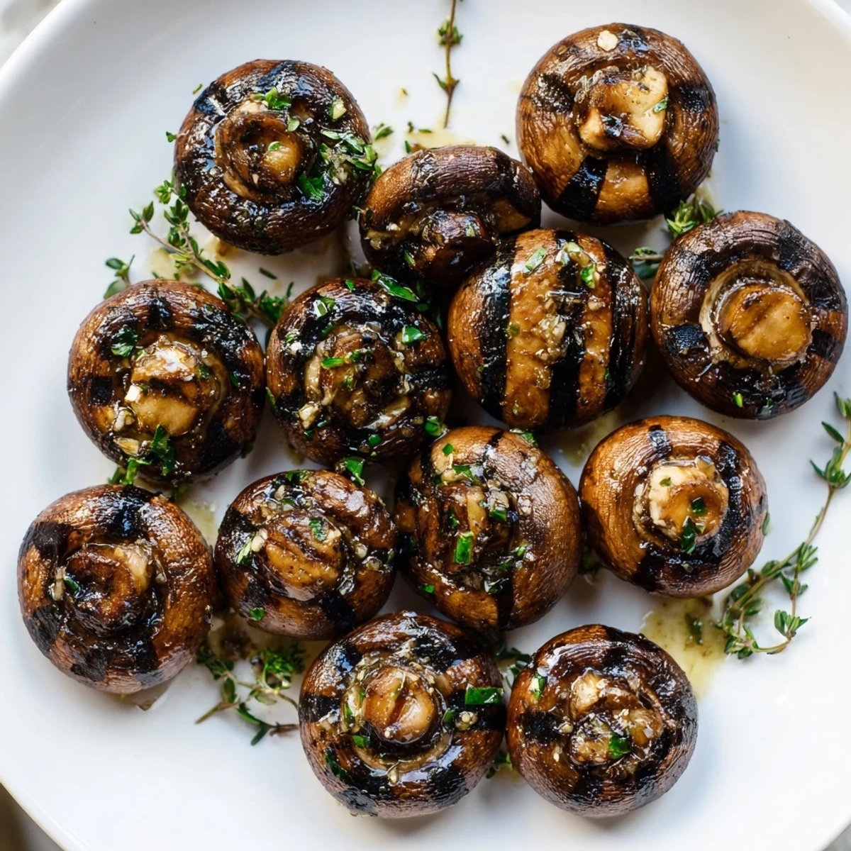 Steakhouse garlic butter grilled mushrooms coated in herbs and sizzling off the grill