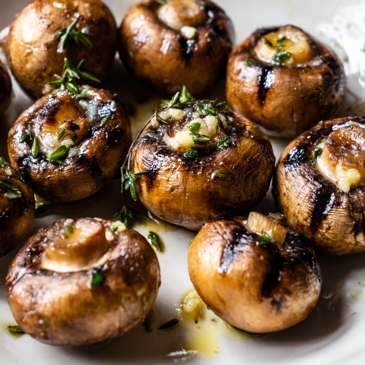 Juicy garlic butter grilled mushrooms with golden char marks on a rustic platter