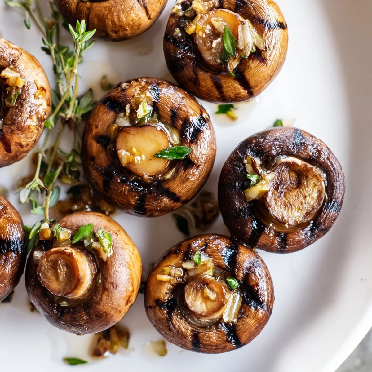 Tender marinated grilled mushrooms glistening with garlic butter and fresh chopped parsley