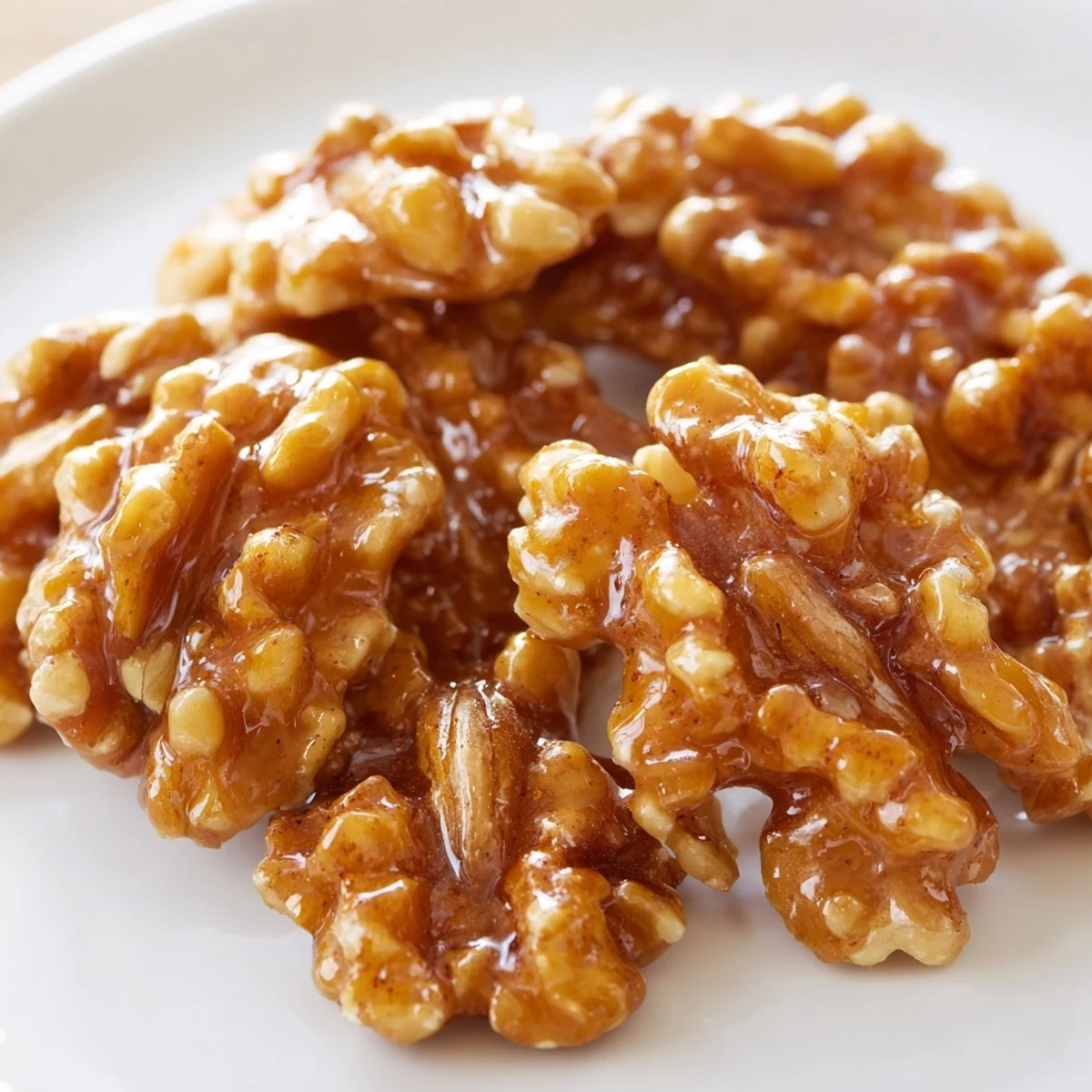 Glistening maple cinnamon walnuts fresh from the oven on parchment paper