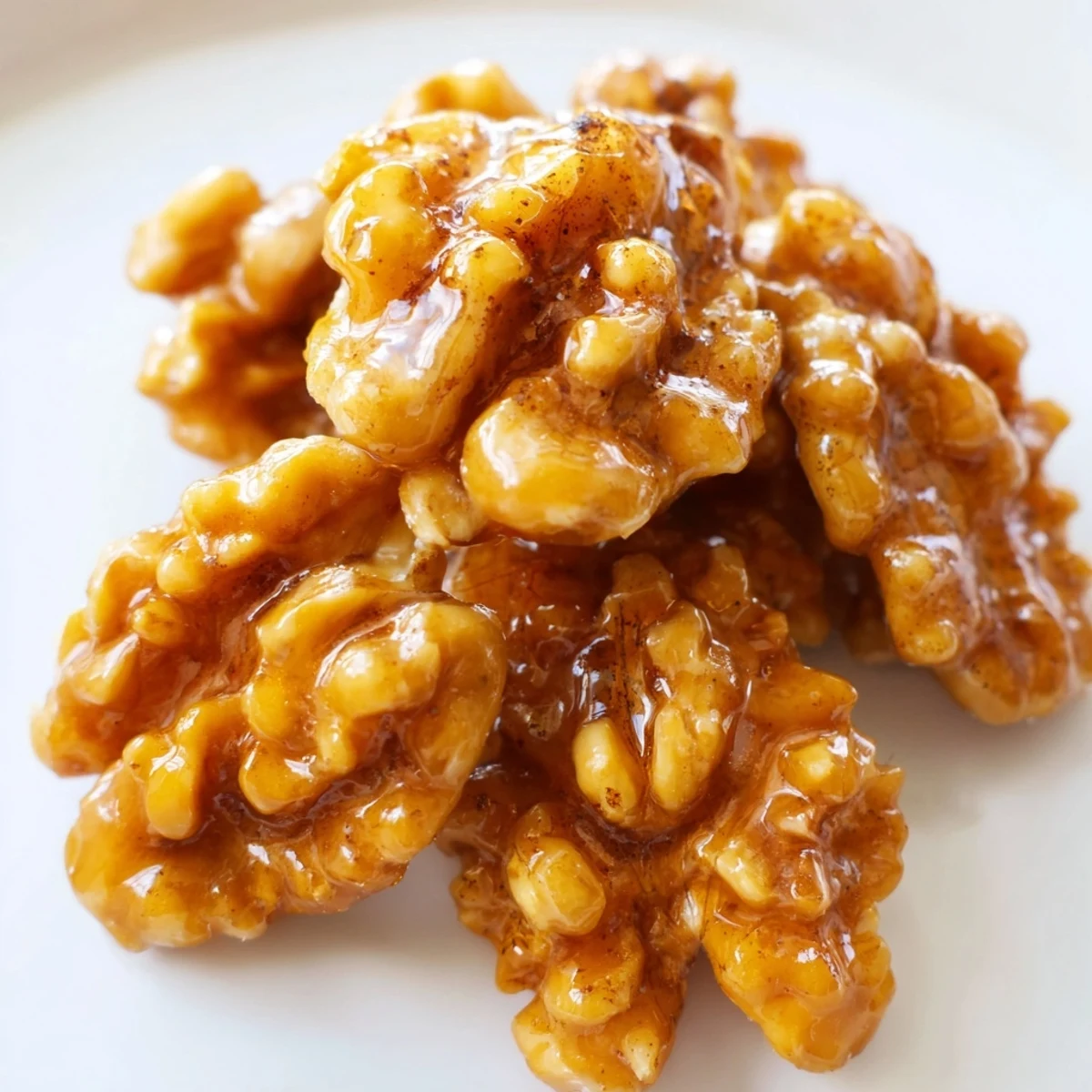 Warm maple cinnamon walnuts clustered on a rustic wooden serving board