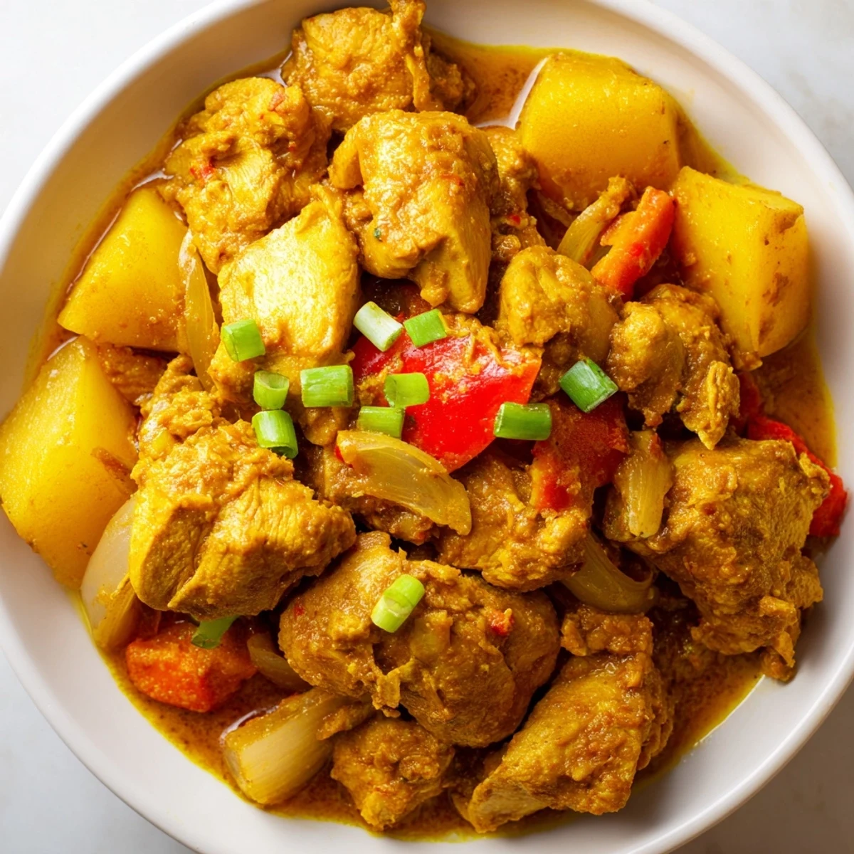 Authentic Jamaican Curry Chicken simmered in a rich golden sauce with tender potatoes and fresh herbs