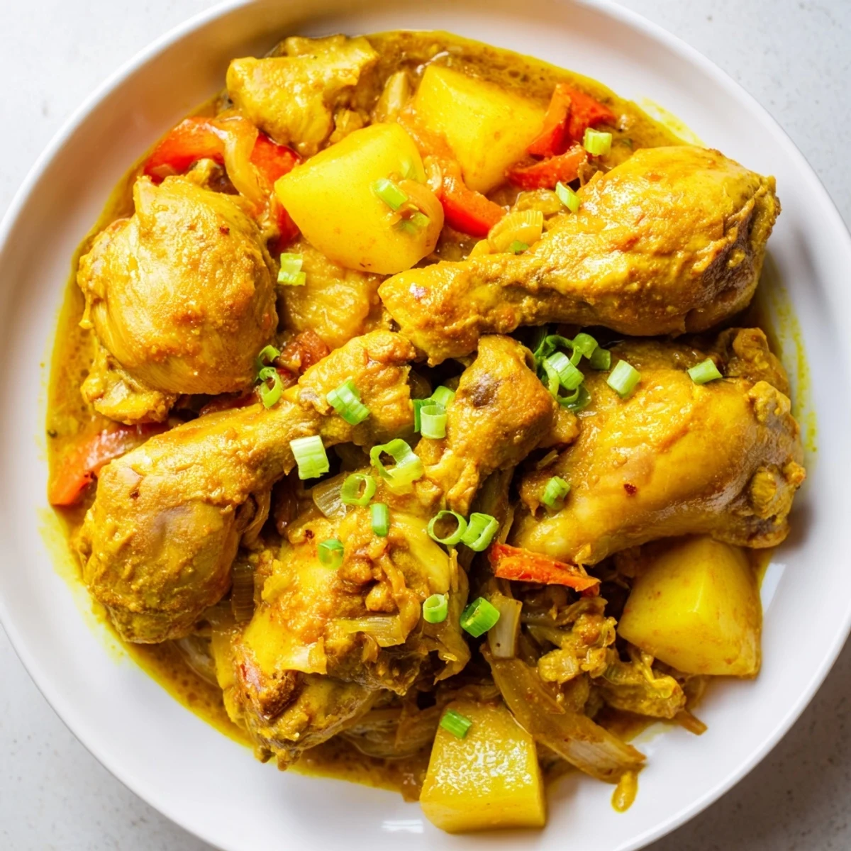 Steaming plate of Authentic Jamaican Curry Chicken served over fluffy white rice with scallions