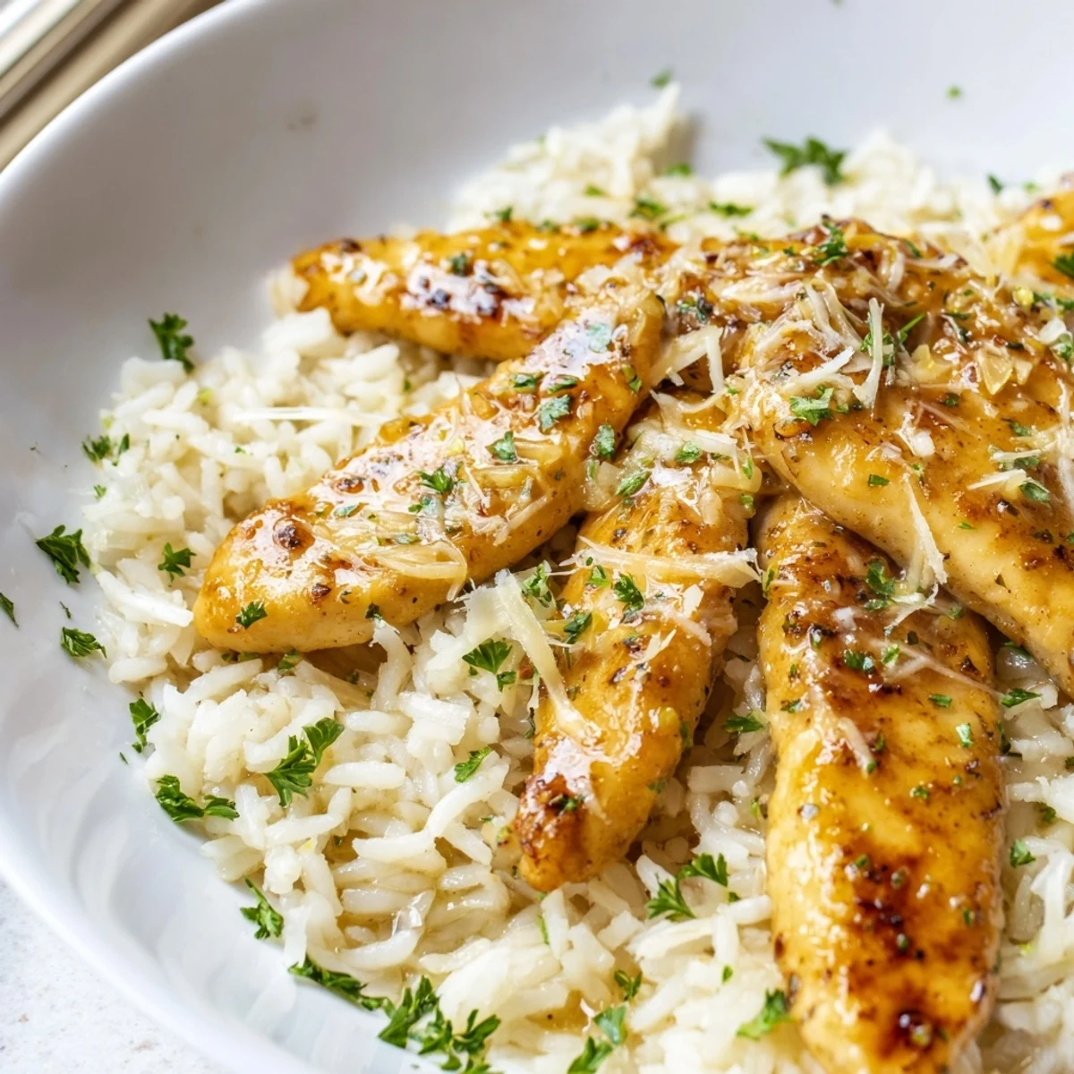 Tender golden chicken scampi served over creamy garlic parmesan rice with lemon butter sauce