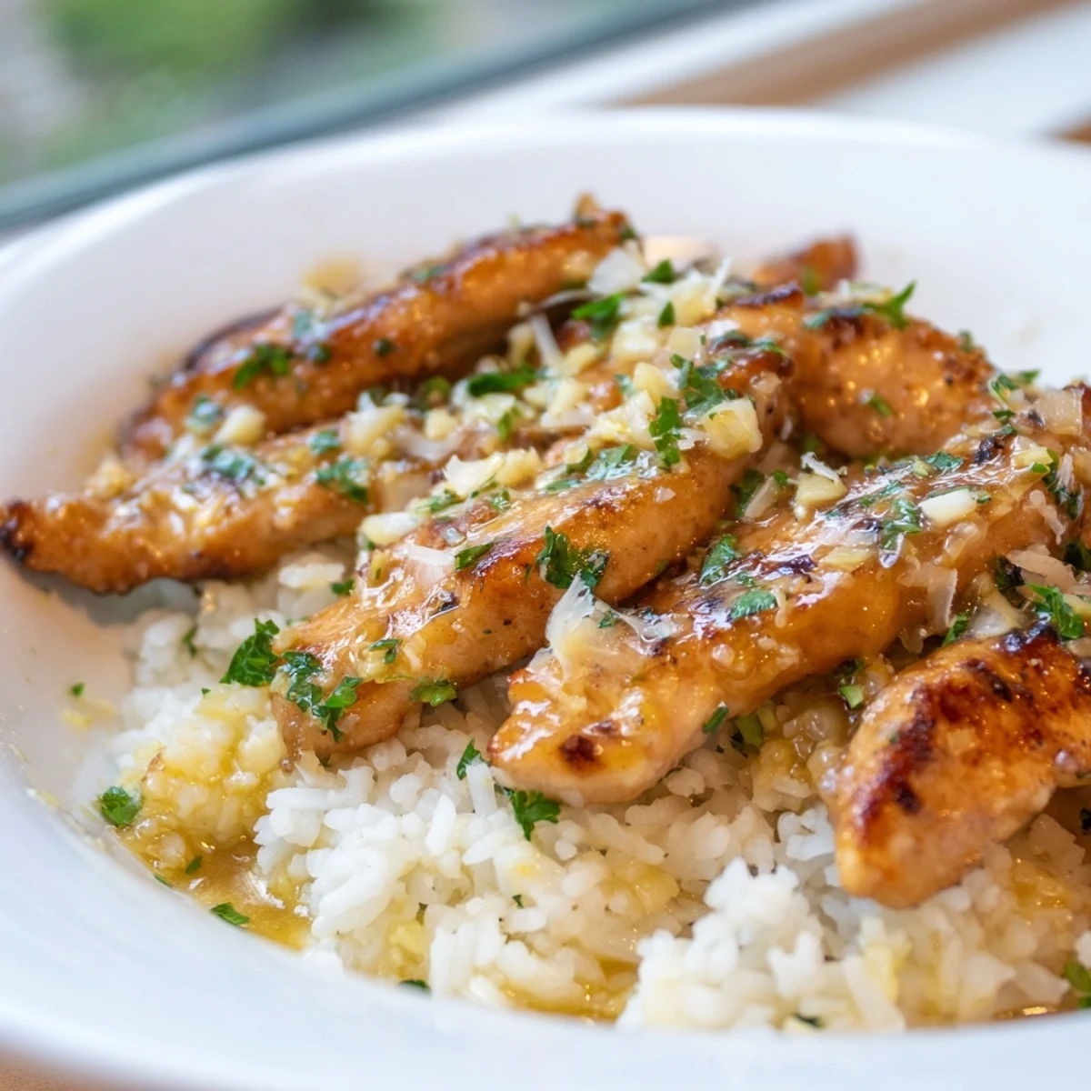 Juicy seared chicken scampi nestled on fluffy garlic parmesan rice garnished with fresh parsley