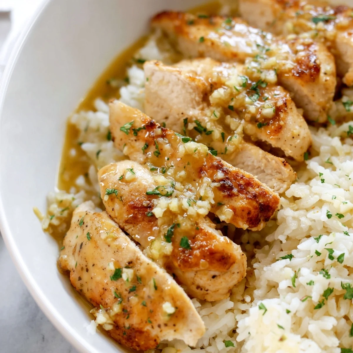 Buttery chicken scampi with zesty lemon glaze draped over rich garlic parmesan rice
