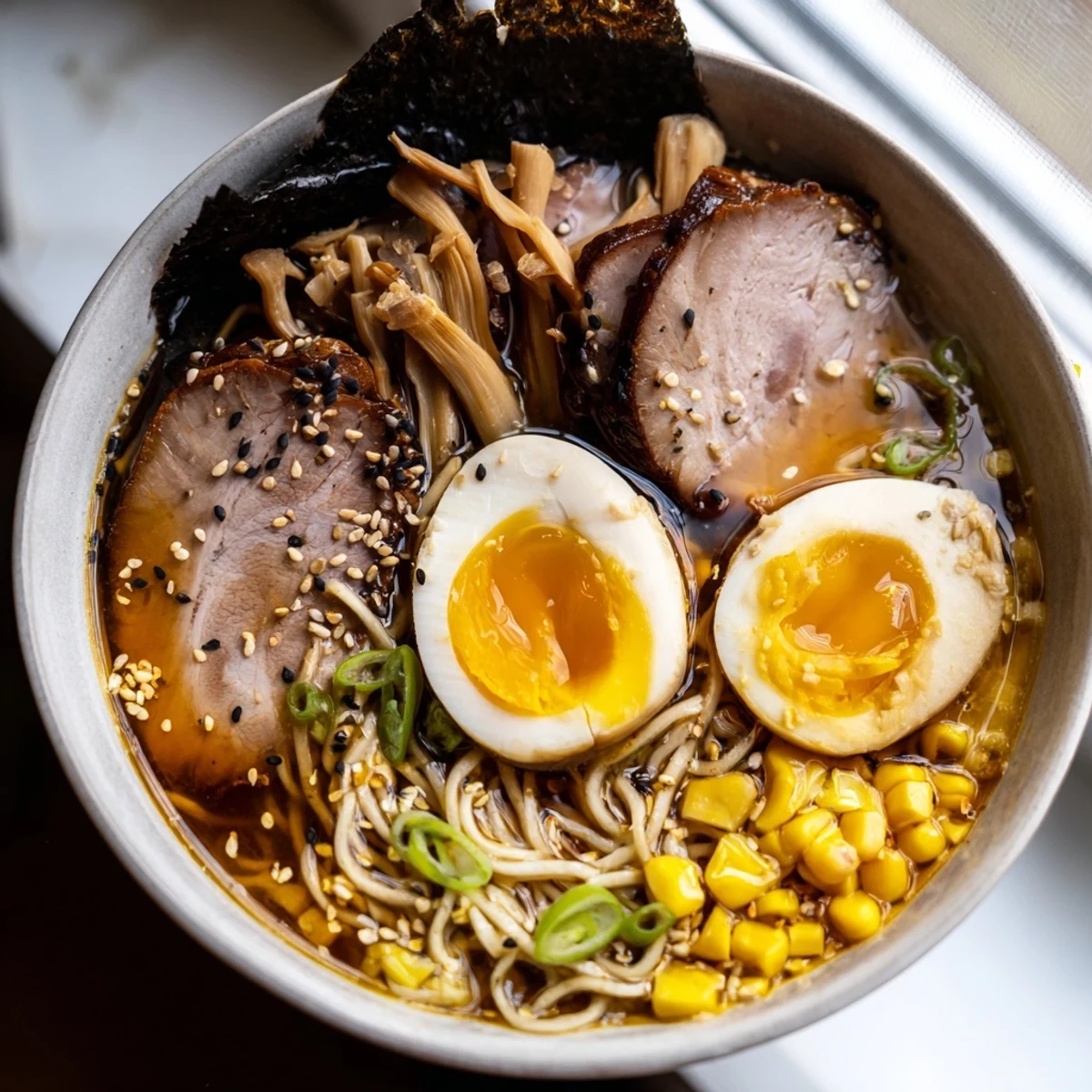 Steaming bowl of ramen topped with soft-boiled eggs, sliced pork, and nori
