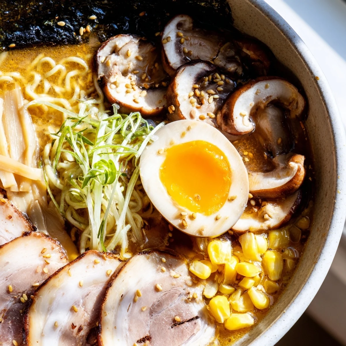 Rich miso ramen with tender noodles, shiitake mushrooms, and fresh scallions