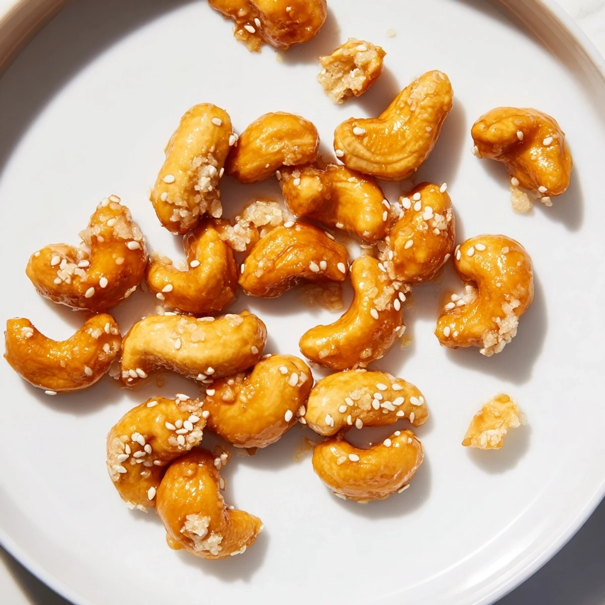 Crunchy honey sesame cashews scattered with toasted seeds in a rustic ceramic bowl.